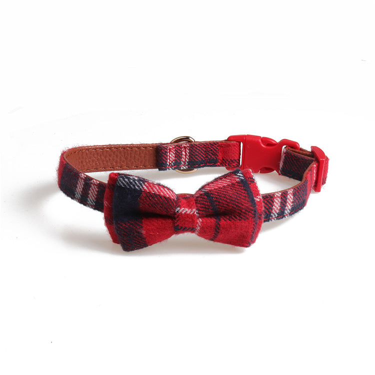 Tartan Design Dog Collar With Bow Decoration - Real Leather