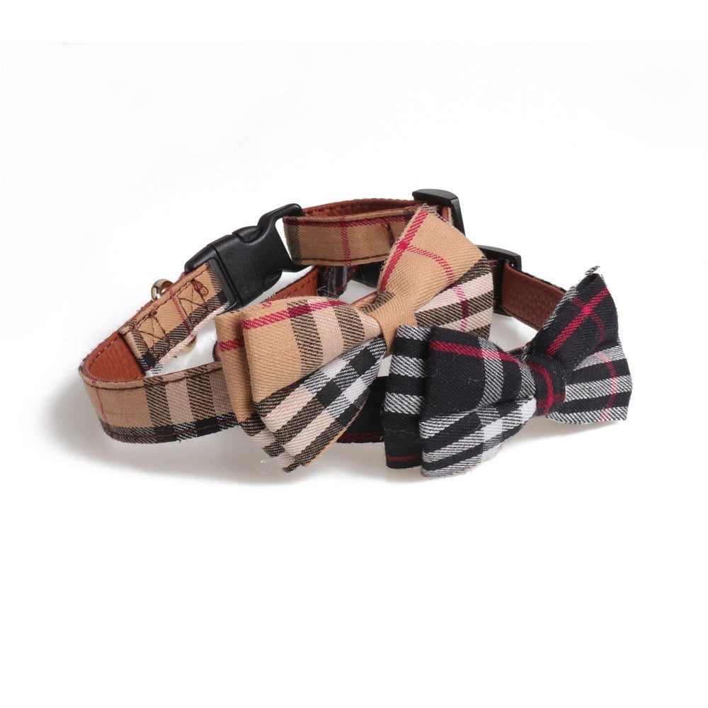 Tartan Design Dog Collar With Bow Decoration - Real Leather