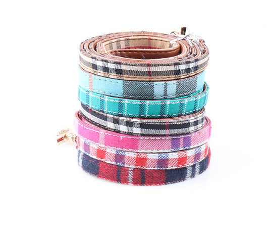 Durable Dog Lead made of Leather with Tartan Design Pet Decoration