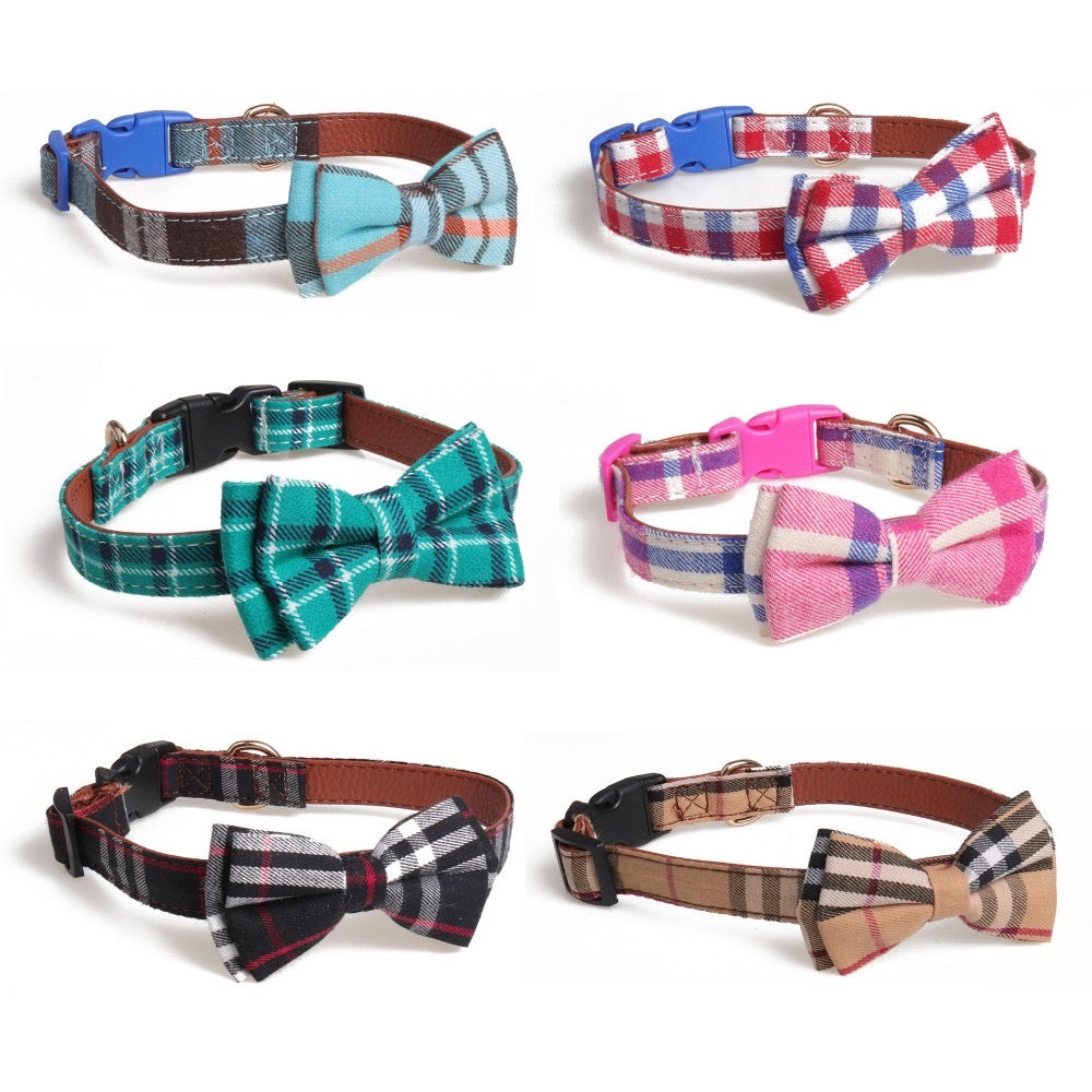 Tartan Design Dog Collar With Bow Decoration - Real Leather