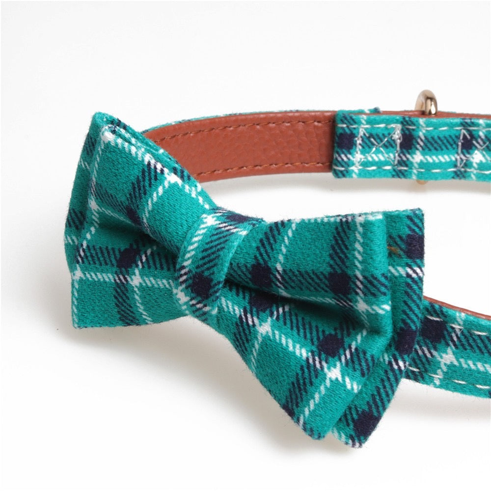 Tartan Design Dog Collar With Bow Decoration - Real Leather