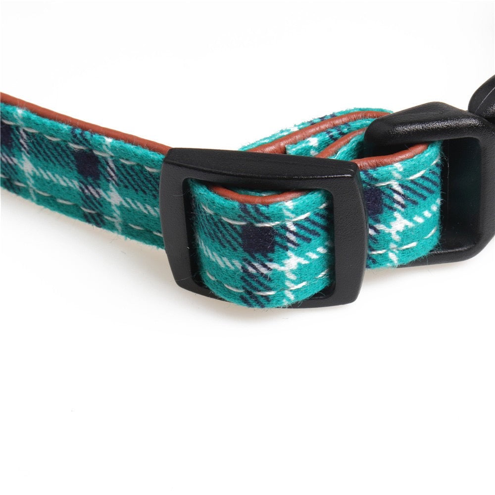Tartan Design Dog Collar With Bow Decoration - Real Leather