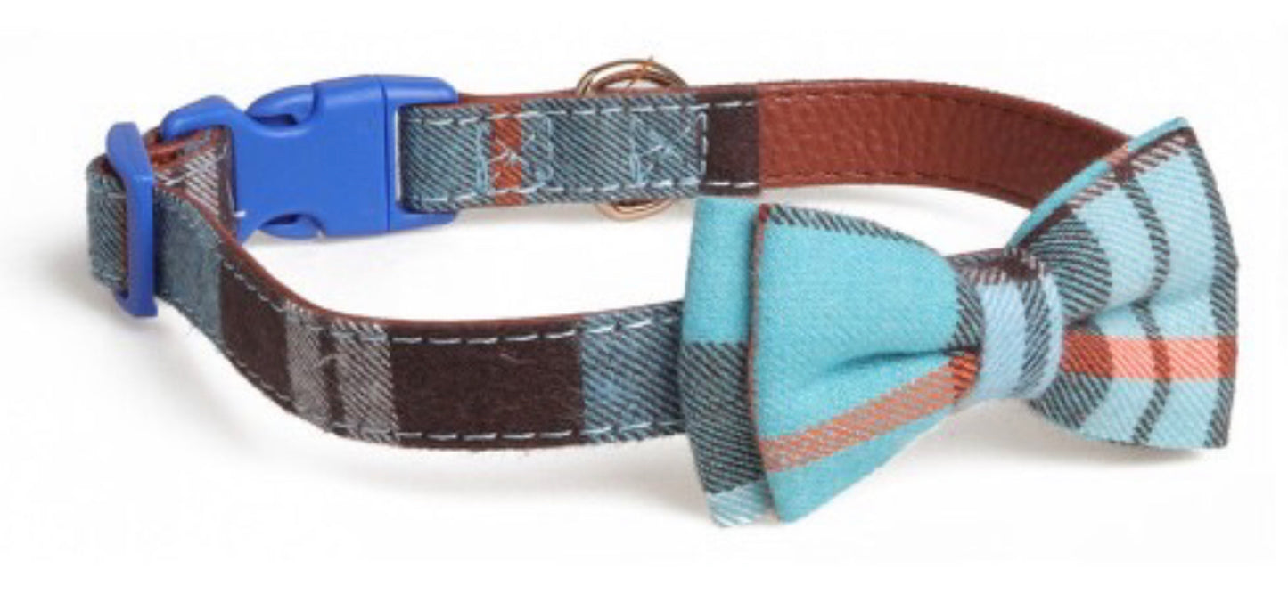 Tartan Design Dog Collar With Bow Decoration - Real Leather