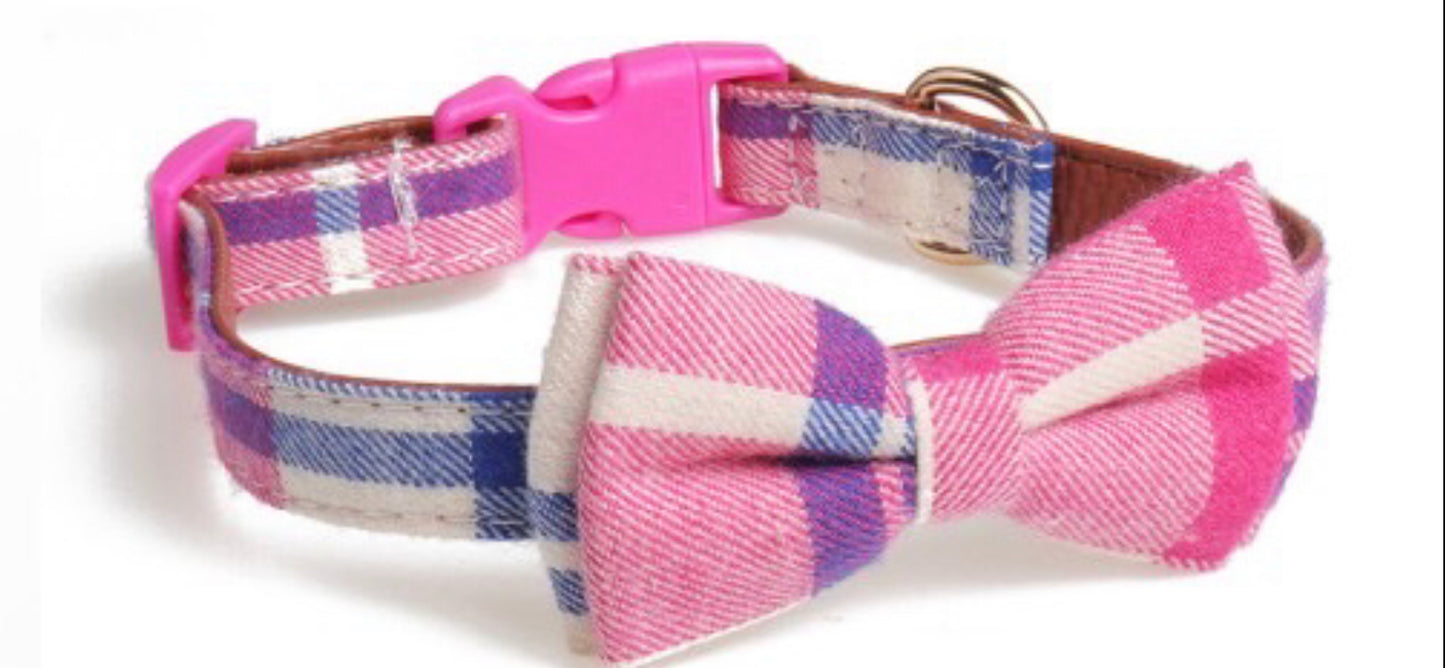 Tartan Design Dog Collar With Bow Decoration - Real Leather