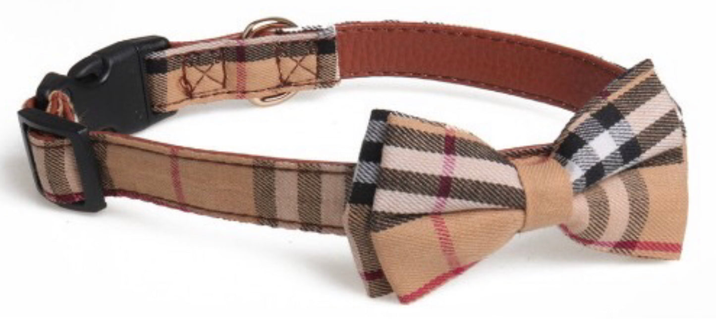 Tartan Design Dog Collar With Bow Decoration - Real Leather