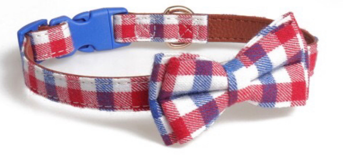 Tartan Design Dog Collar With Bow Decoration - Real Leather