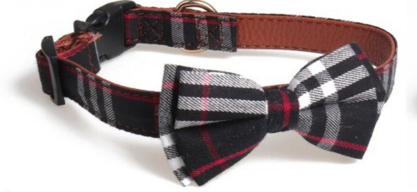 Tartan Design Dog Collar With Bow Decoration - Real Leather