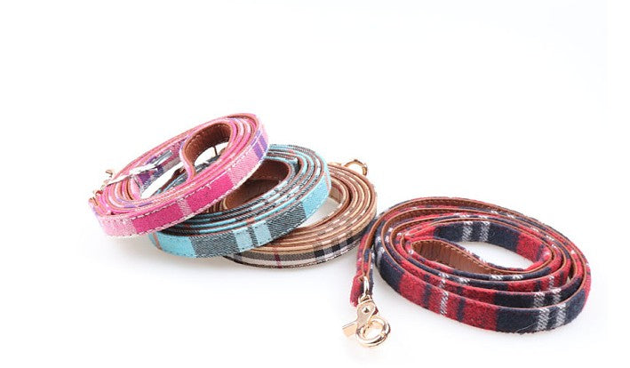 Durable Dog Lead made of Leather with Tartan Design Pet Decoration